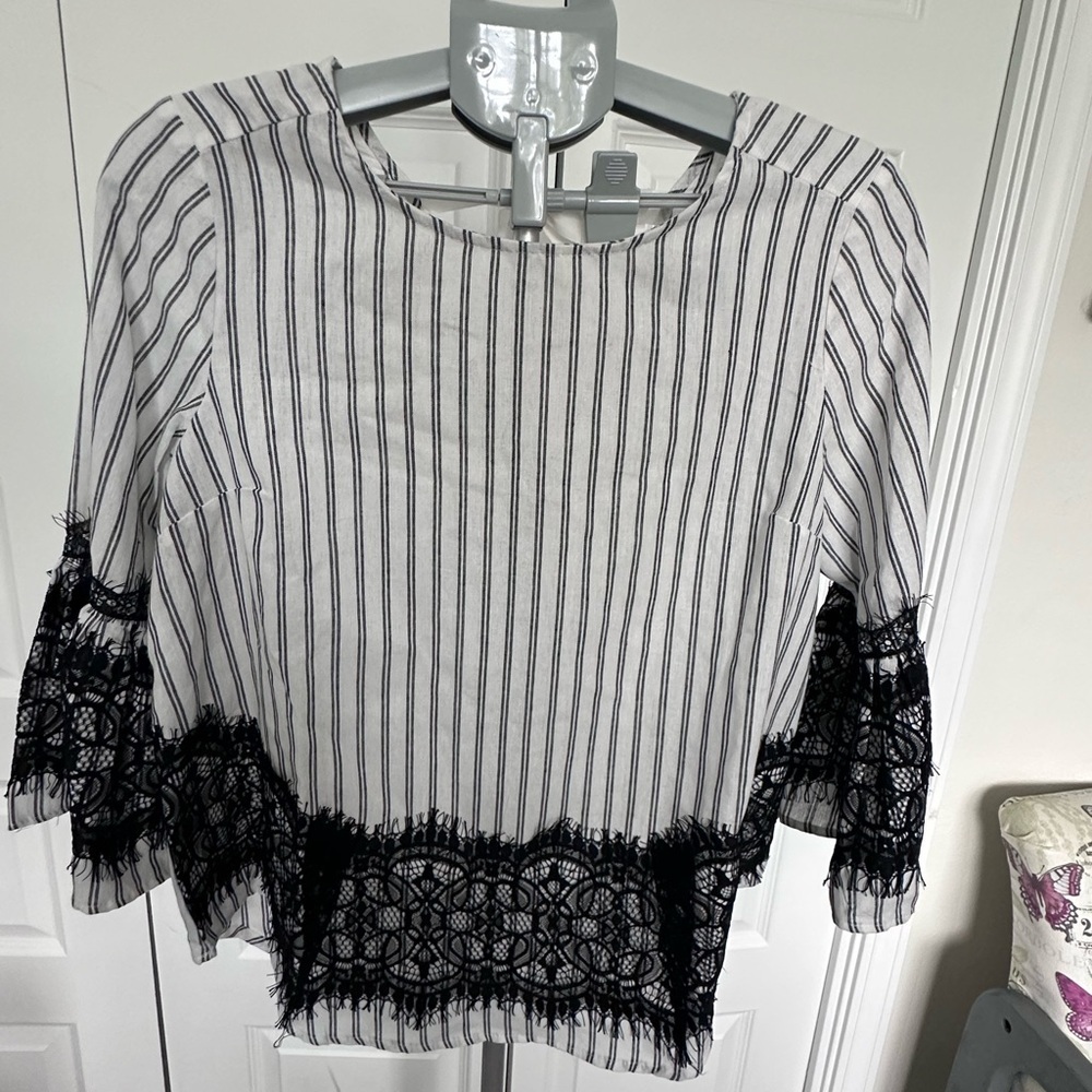 Hayden Black and White Striped Blouse with Lace Detail